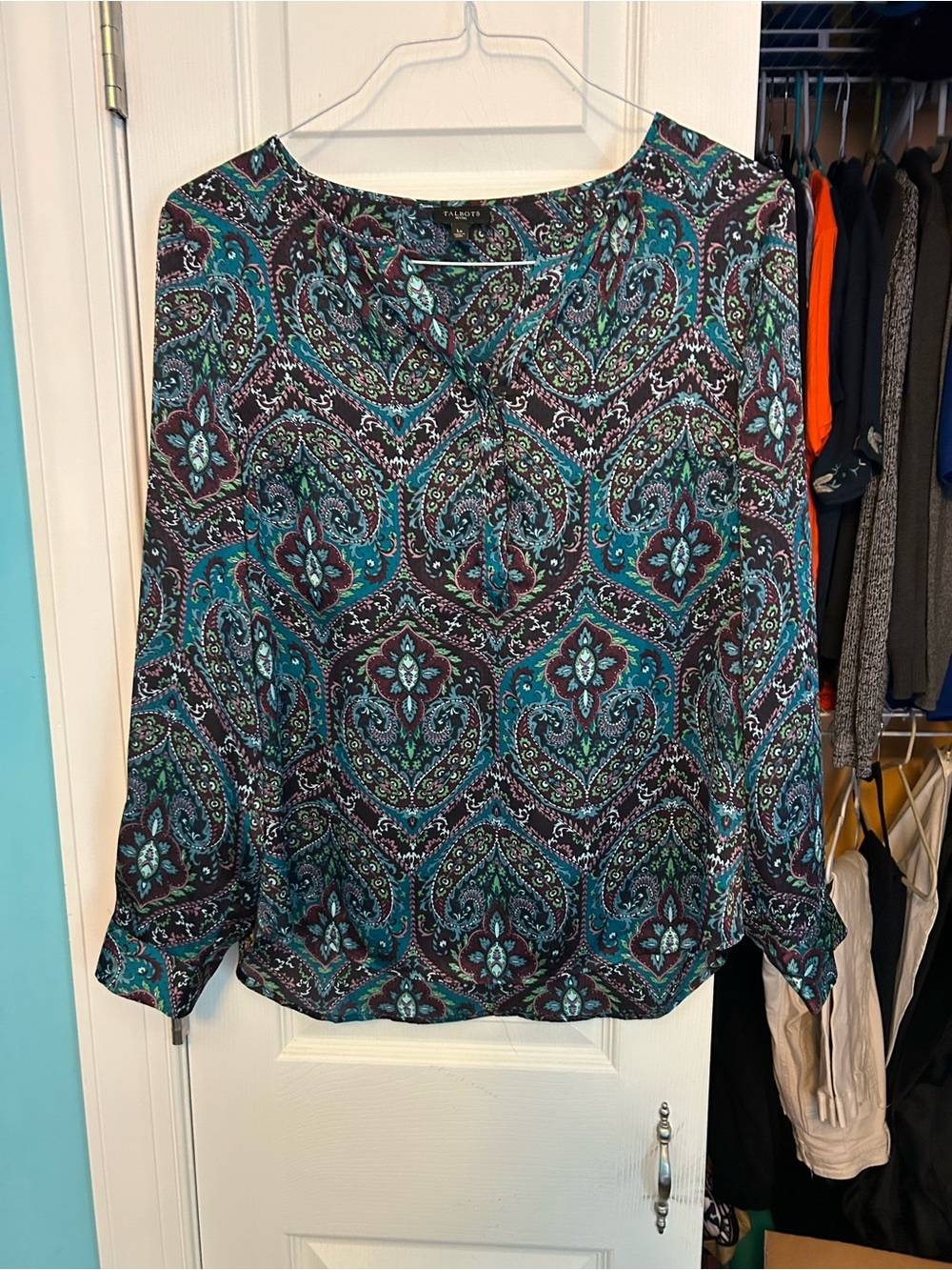 Talbots Teal and Black Paisley Long-Sleeve Blouse